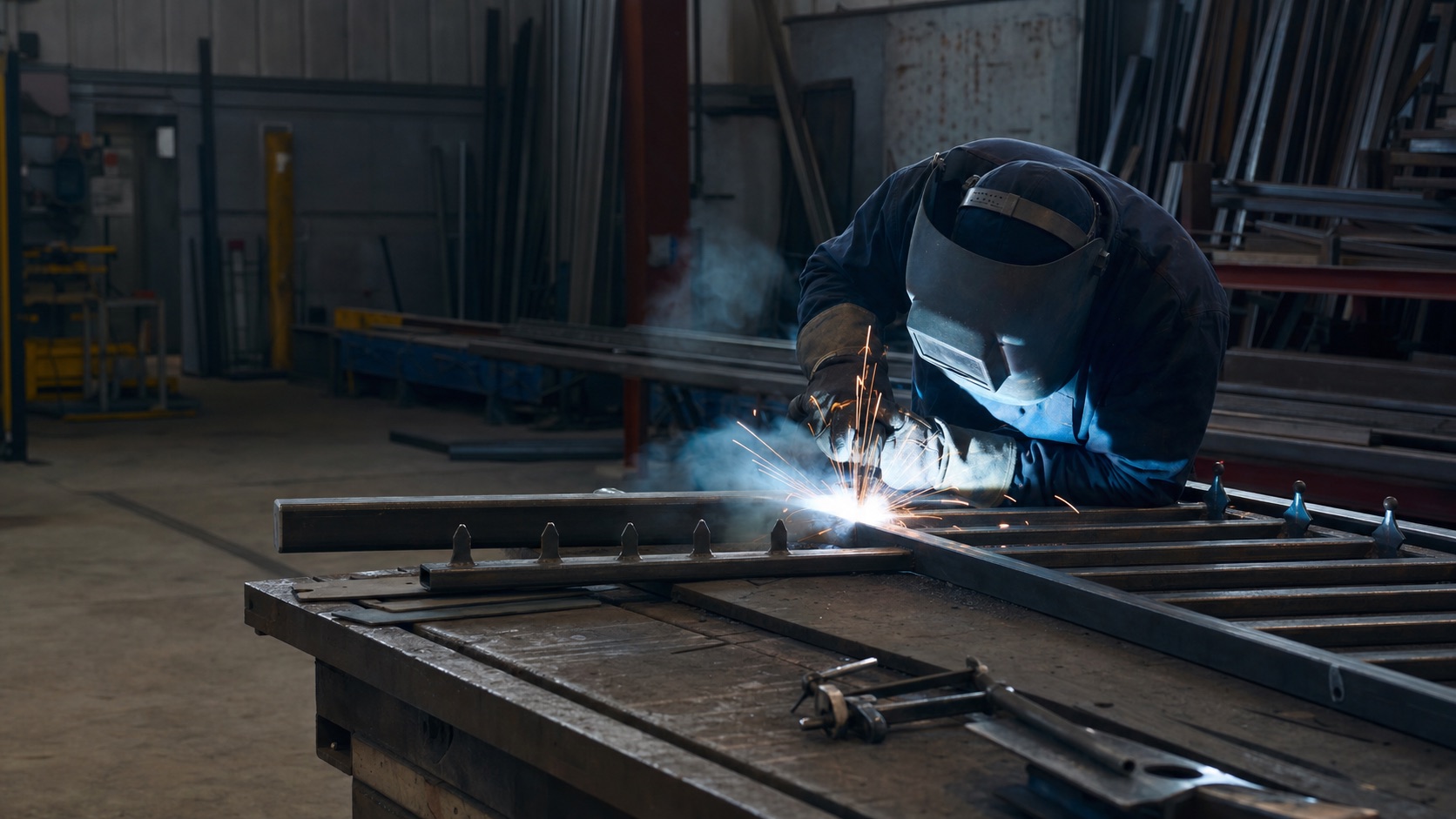 Fabricator welding steelwork in the workshop